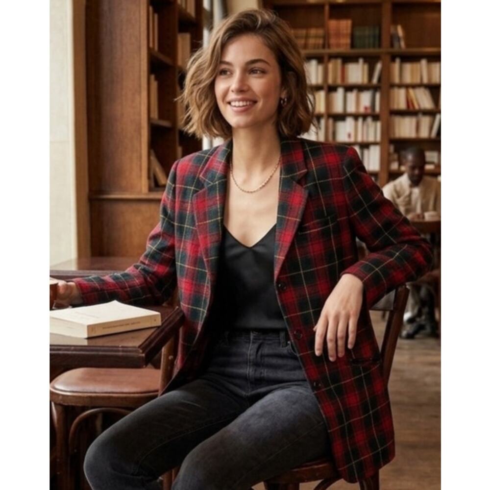 Vintage 90's White Stag Tartan Plaid Wool Blazer